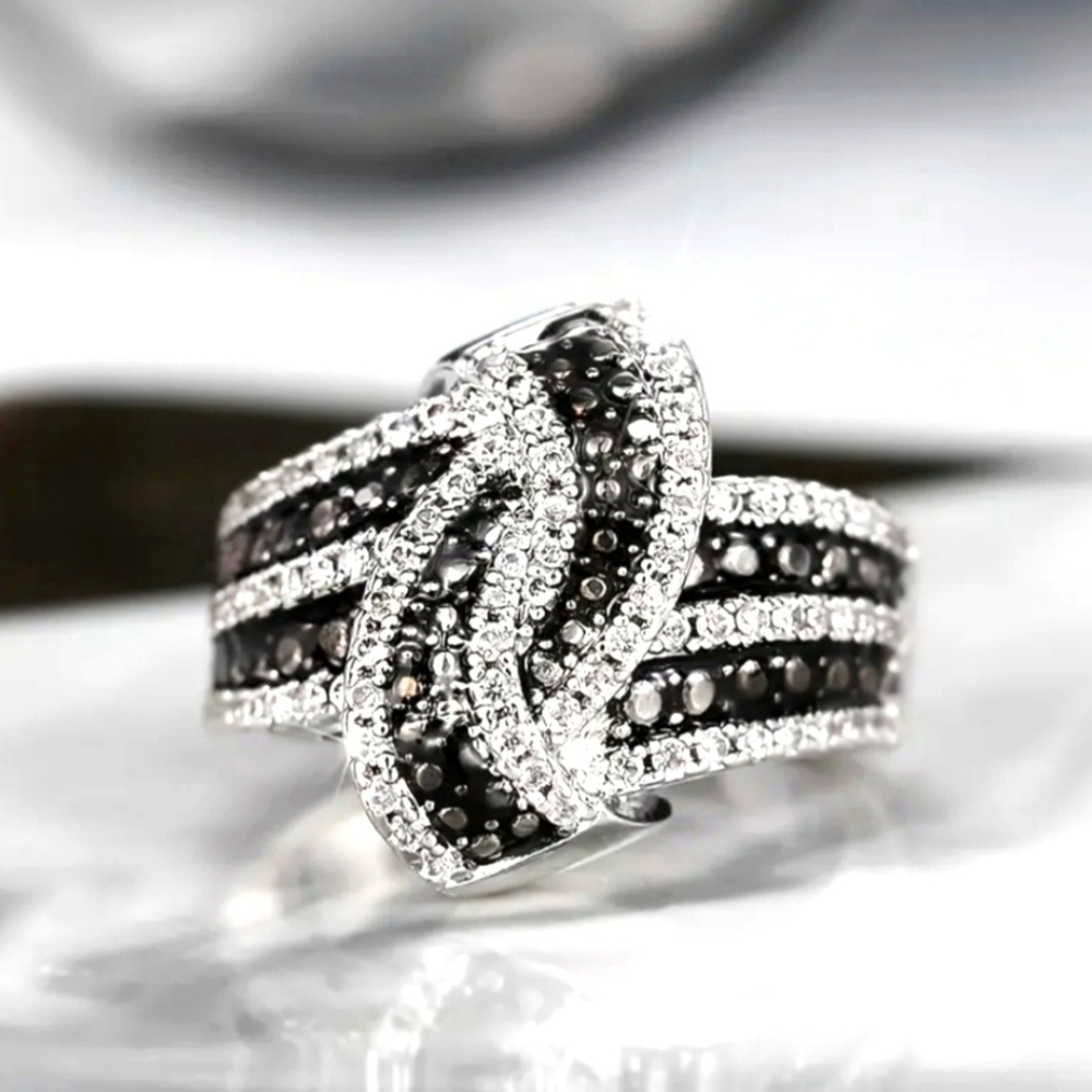 925 Sterling Silver Mosaic Style Black & Silver Women's Cocktail Ring SIZE 8 - Picture 2 of 4